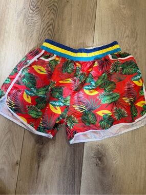 Tropical Leaf Print Athletic Shorts - Red & Green